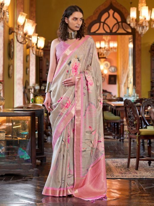 Bewitching Light Grey & Pink Floral Printed Banarasi Silk Saree