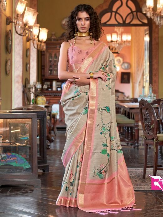 Alluring Dusty Beige Digital Printed Banarasi Silk Function Wear Saree