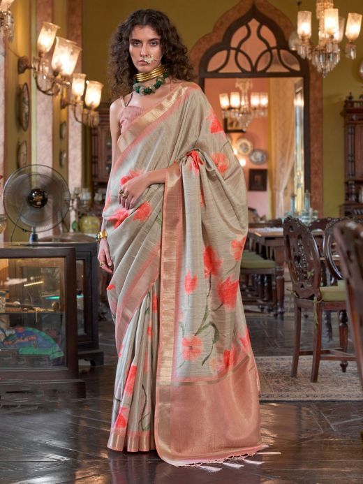 Charming Light Grey & Peach Floral Printed Banarasi Silk Saree
