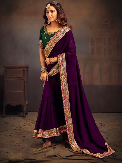 Awesome Purple Heavy Border Vichitra Sangeet Wear Saree With Blouse