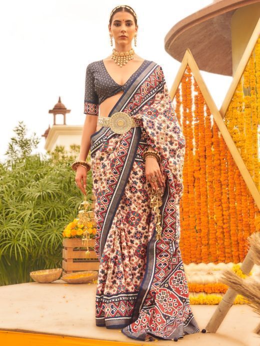 Incredible Cream Patola Printed Silk Festival Wear Saree With Blouse