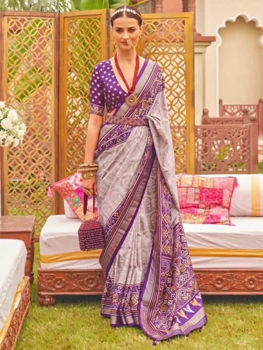 Beautiful Grey & Purple Patola Printed Silk Traditional Saree With Blouse