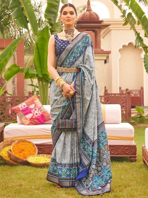 Bewitching Grey & Blue Patola Printed Silk Traditional Saree With Blouse