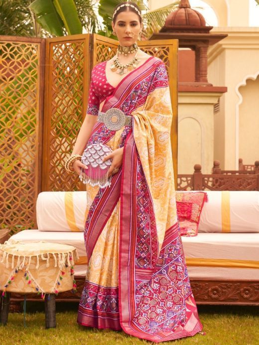 Sweet Yellow & Red Patola Printed Silk Event Wear Saree With Blouse
