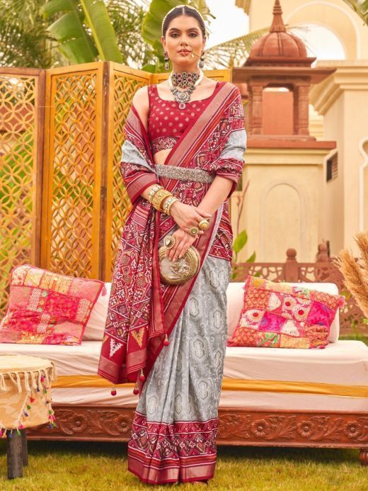 Lovely Grey & Red Patola Printed Silk Traditional Saree With Blouse