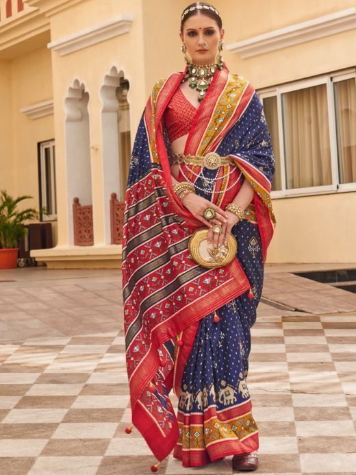 Stunning Navy Blue Patola Printed Silk Wedding Wear Saree With Blouse