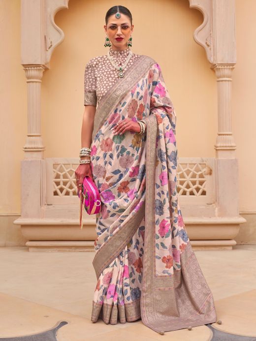 Glamorous Off-White Floral Printed Silk Event Wear Saree With Blouse