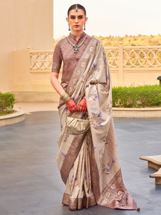 Enchanting Beige Digital Printed Silk Function Wear Saree With Blouse
