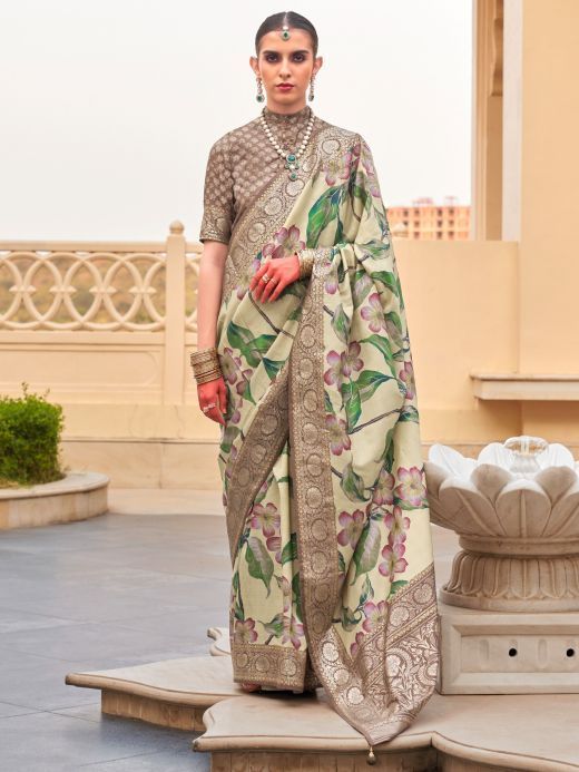 Adorable Cream Floral Printed Silk Festival Wear Saree With Blouse