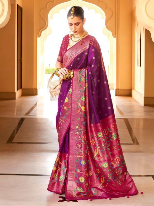 Marvelous Wine Zari Weaving Silk Wedding Wear Saree With Blouse