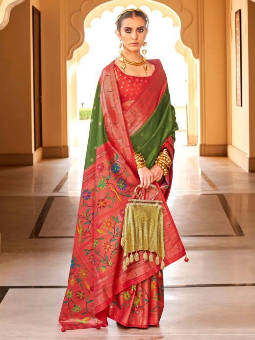 Wonderful Olive Green Zari Weaving Silk Event Wear Saree With Blouse