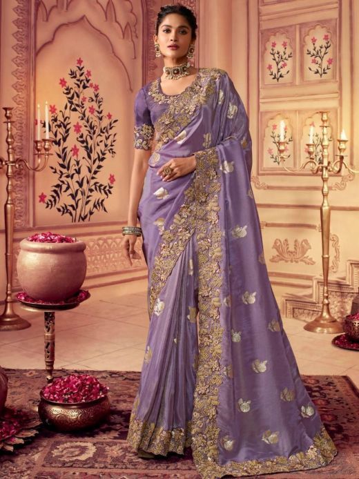 Exquisite Purple Zari Embroidery Chinnon Weddings Wear Saree With Blouse
