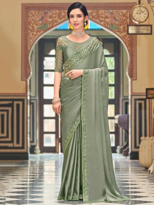 Appealing Light olive Green Sequins Embroidery Silk Saree With Blouse