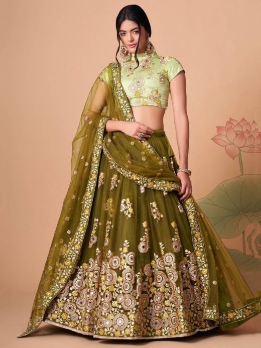 Gorgeous Olive Green Embroidered Net Wedding Lehenga Choli