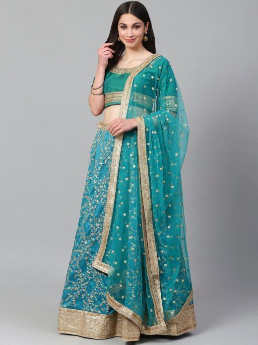 Turquoise Blue Semi-Stitched Myntra Wedding Wear Lehenga & Unstitched Blouse with Dupatta