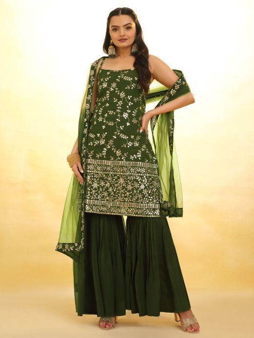 Glamorous Green Embroidered Georgette Mehendi Wear Sharara Suit
