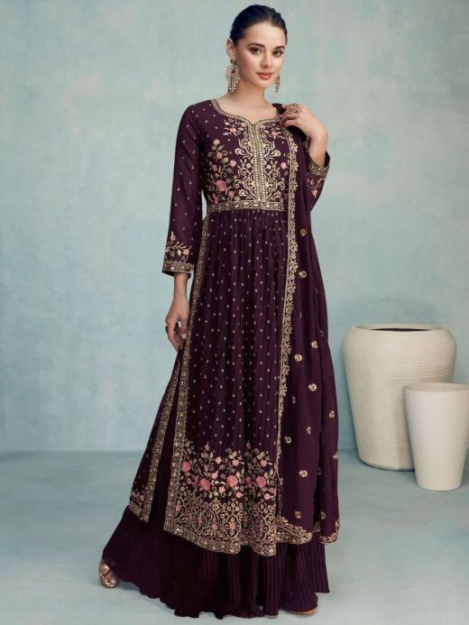 Enchanting Wine Embroidered Georgette Festival Wear Palazzo Suit