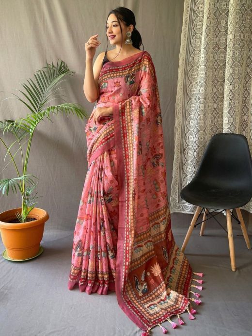 Radiantly Pink Kalamkari Print Cotton Occasion Saree With Blouse