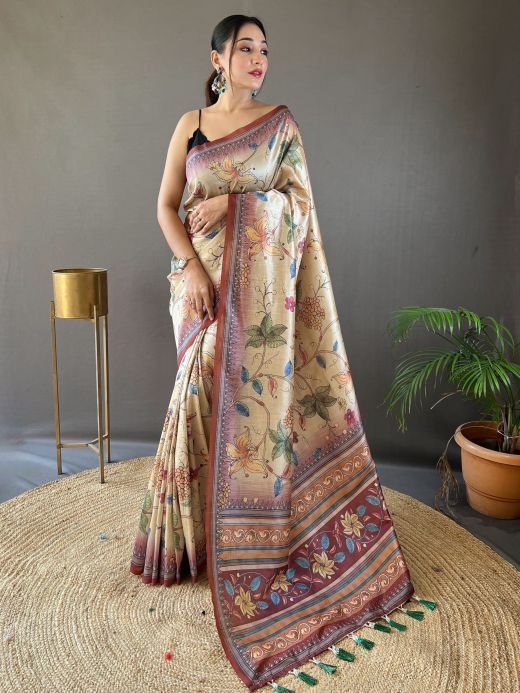 Captivating Beige & Brown Kalamkari Printed Silk Saree With Blouse