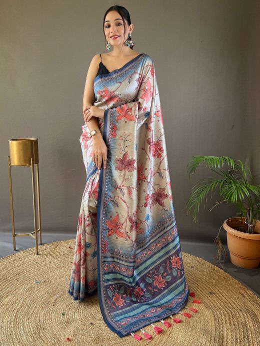 Gorgeous Cream & Blue Kalamkari Printed Silk Function Wear Saree