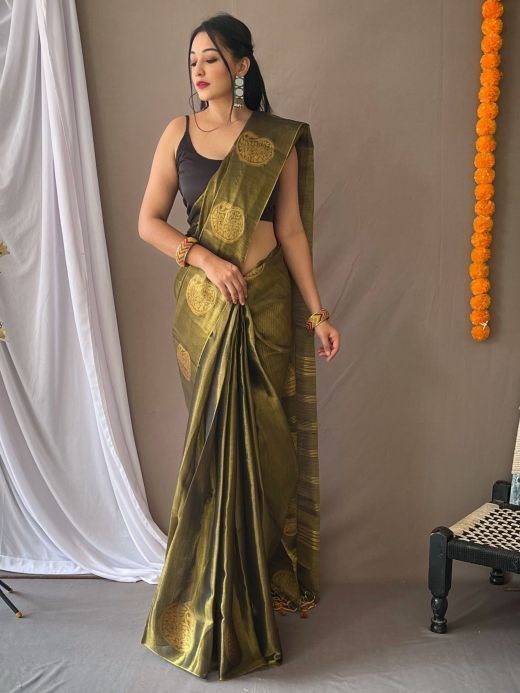 Fascinating Olive Green Zari Weaving Tissue Silk Saree With Blouse