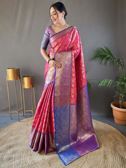 Enchanting Pink Zari Weaving Silk Function Wear Saree With Blouse