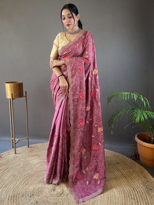 Mesmerizing Dusty Pink Embroidered Tussar Silk Festival Wear Saree