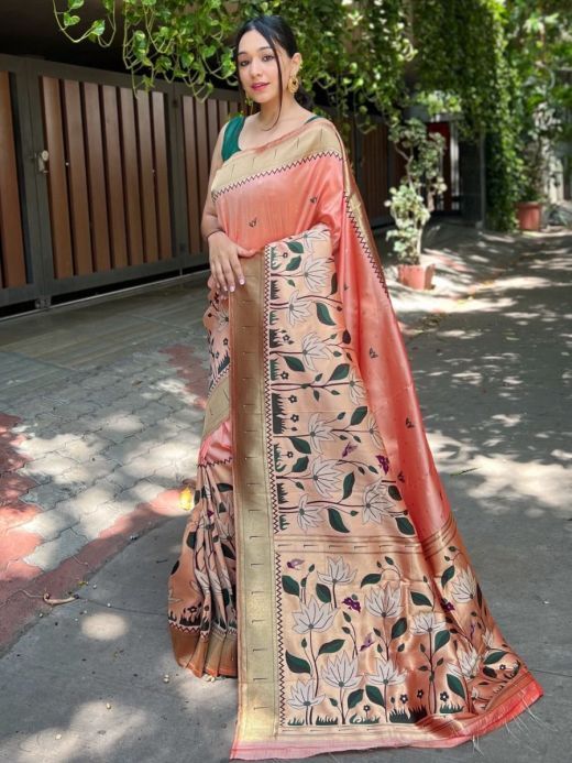 Luxurious Peach Zari Woven Banarasi Silk Reception Saree With Blouse