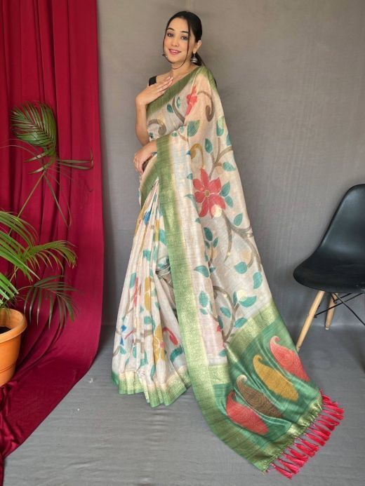 Stunning Off-White & Green Zari Weaving Silk Traditional Saree 
