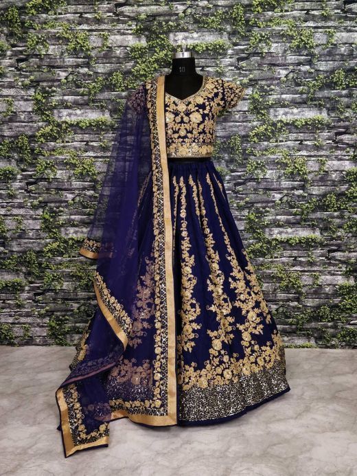 Navy Blue Applique Embroidery Silk Wedding Lehenga Choli 