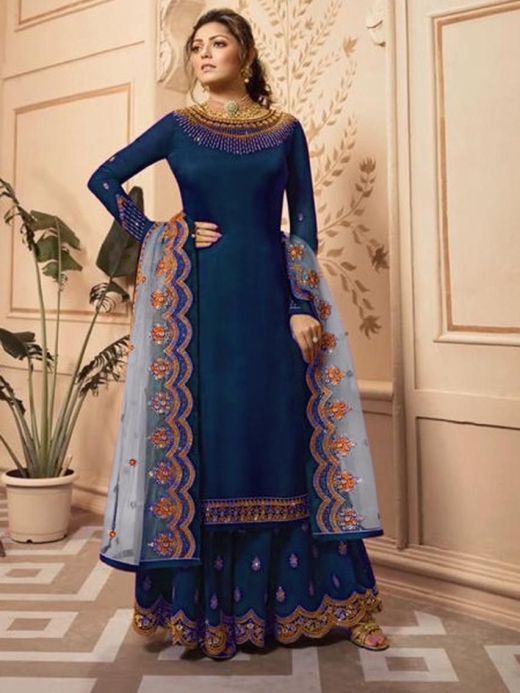 Drashti Dhami Blue Embroidered Satin Festive palazzo Suit 