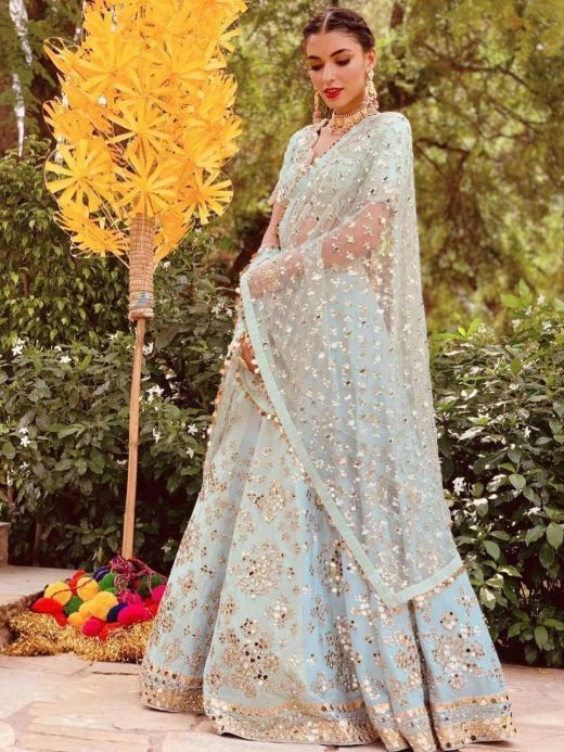 Sky Blue Paper Mirror Mulberry Silk Wedding Wear Lehenga Choli
