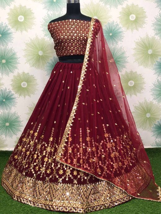 Glamorous Maroon Sequins Embroidered Georgette Party Wear Lehenga Choli