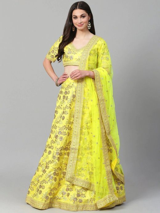 Yellow & Gold-Toned Embroidered Semi-Stitched Myntra Party Wear Lehenga & Unstitched Blouse with Dupatta