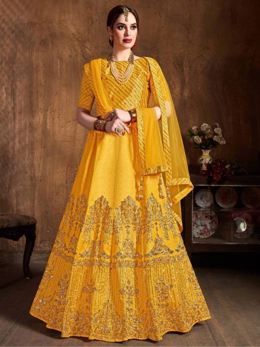 Yellow Zari Embroidery Art Silk Bridal Lehenga Choli With Dupatta 