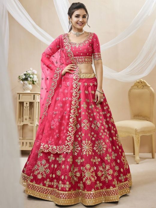 Outstanding Pink Zari Work Art Silk Reception Wear Lehenga Choli