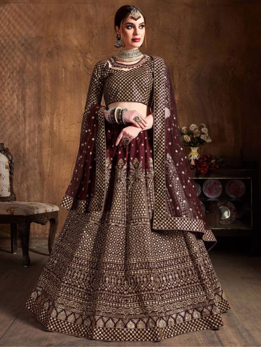 Maroon Sequins Raw Silk Wedding Lehenga Choli With Dupatta 