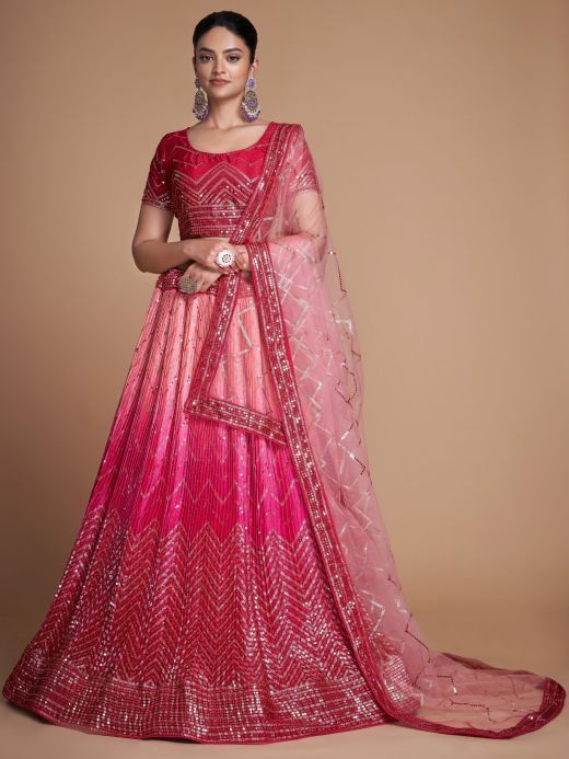 Gorgeous Pink Sequins Chinon Bridesmaid Lehenga Choli With Dupatta