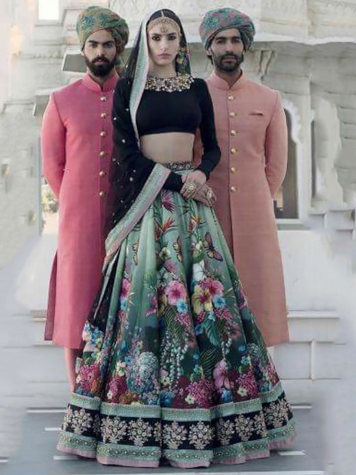 Beautiful Blue Floral Printed Silk Wedding Lehenga Choli with Dupatta