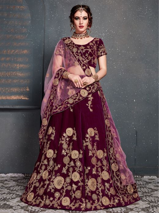Purple Embroidered Velvet Wedding Lehenga Choli