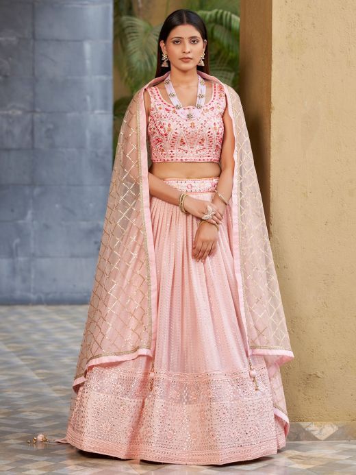Beautiful Pink Sequins Art Silk Bridesmaid Lehenga Choli With Dupatta