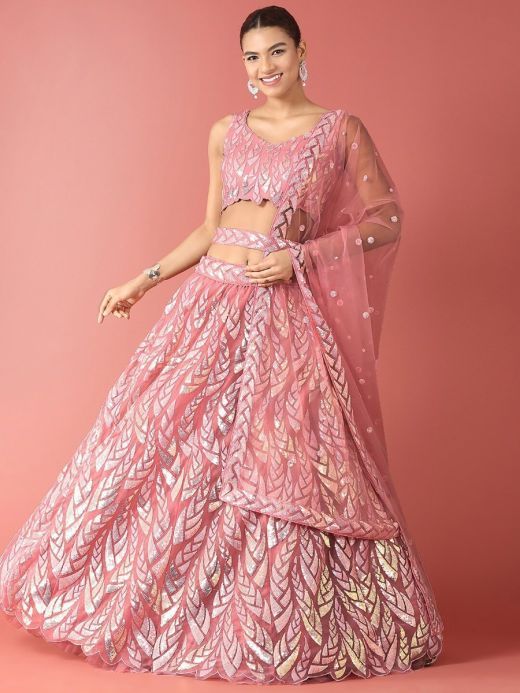 Fantastic Pink Sequins Net Reception Wear Lehenga Choli With Dupatta 