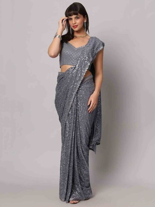 Attractive Grey Sequins Georgette Cocktail Party Wear Saree With Blouse