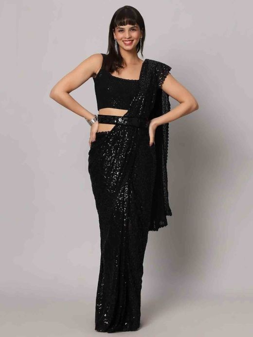 Charming Black Sequins Georgette Reception Wear Saree With Blouse