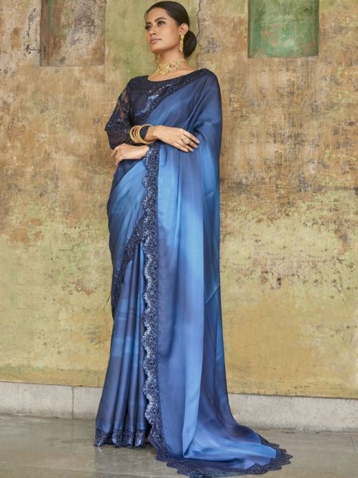Astounding Navy-Blue Sequined Satin Festive Wear Saree With Blouse