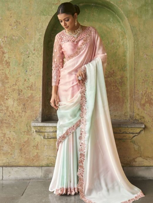 Dazzling Pink White Sequined Satin Party Wear Saree With Blouse