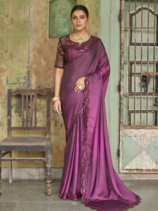 Sensational Wine Sequined Embroidered Satin Party Wear Saree With Blouse