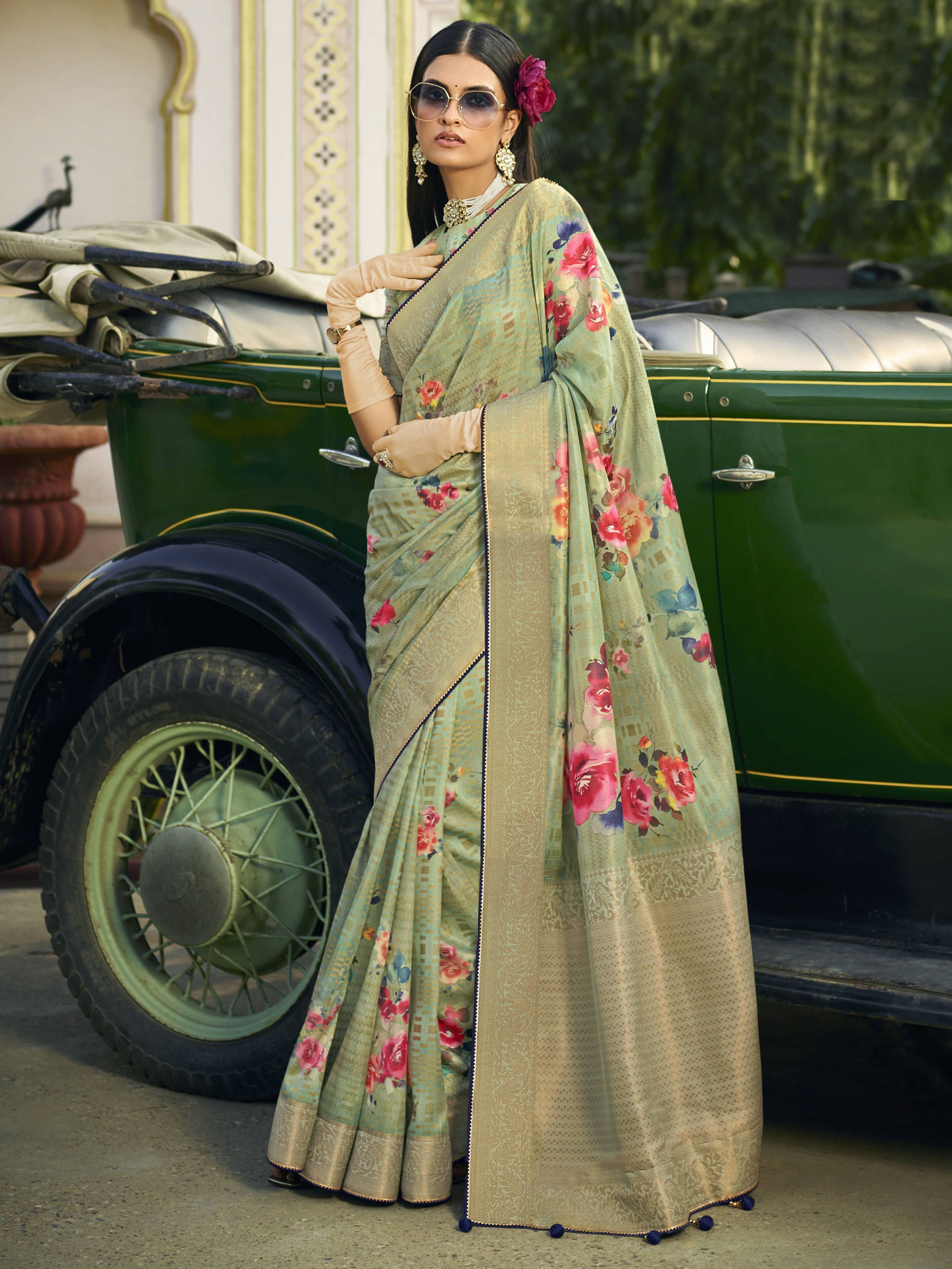 Pista Green Digital Printed Silk Festival Wear Saree With Blouse