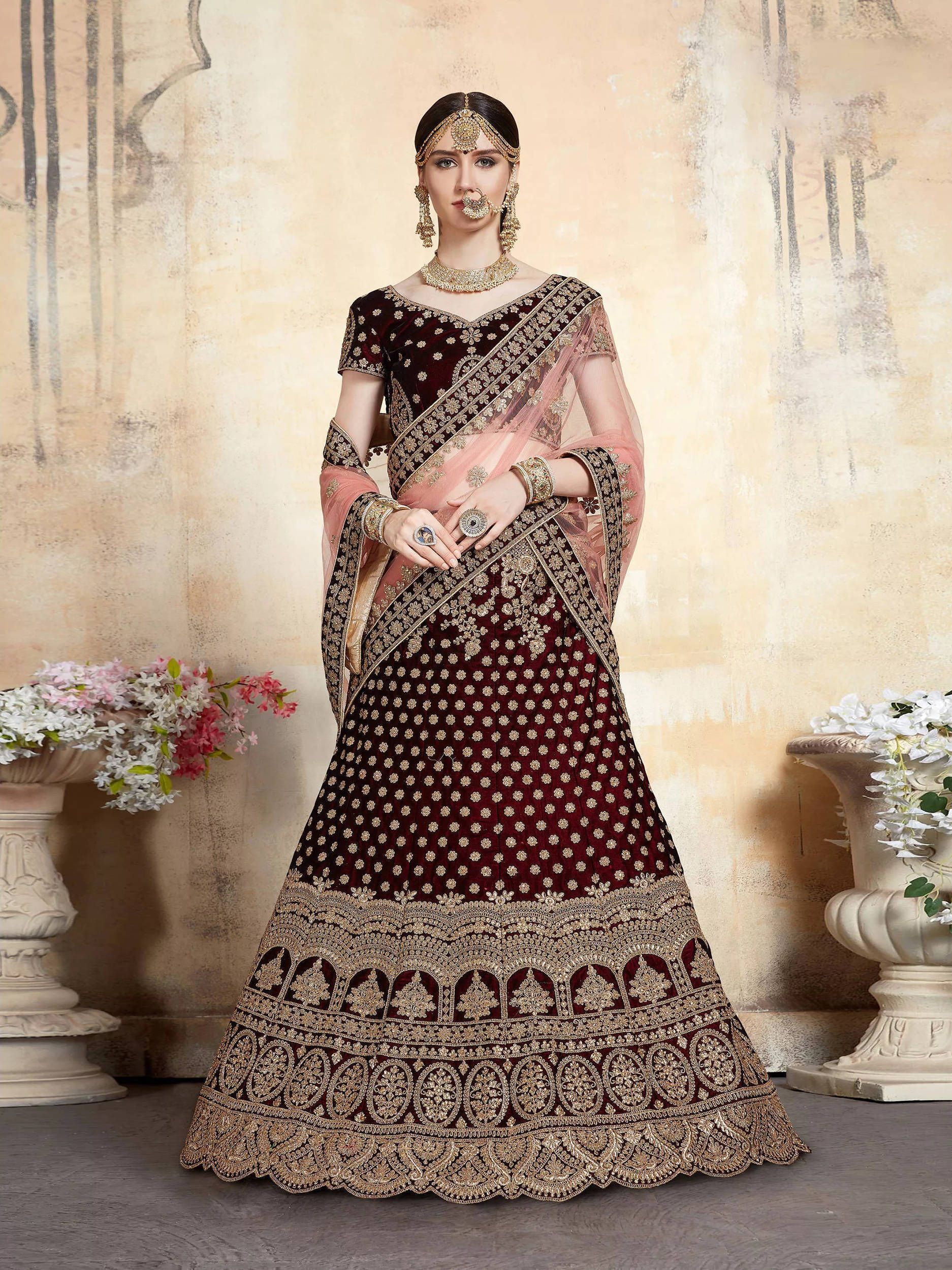 Maroon Heavily Embroidery Velvet Indian Wedding Lehenga Choli