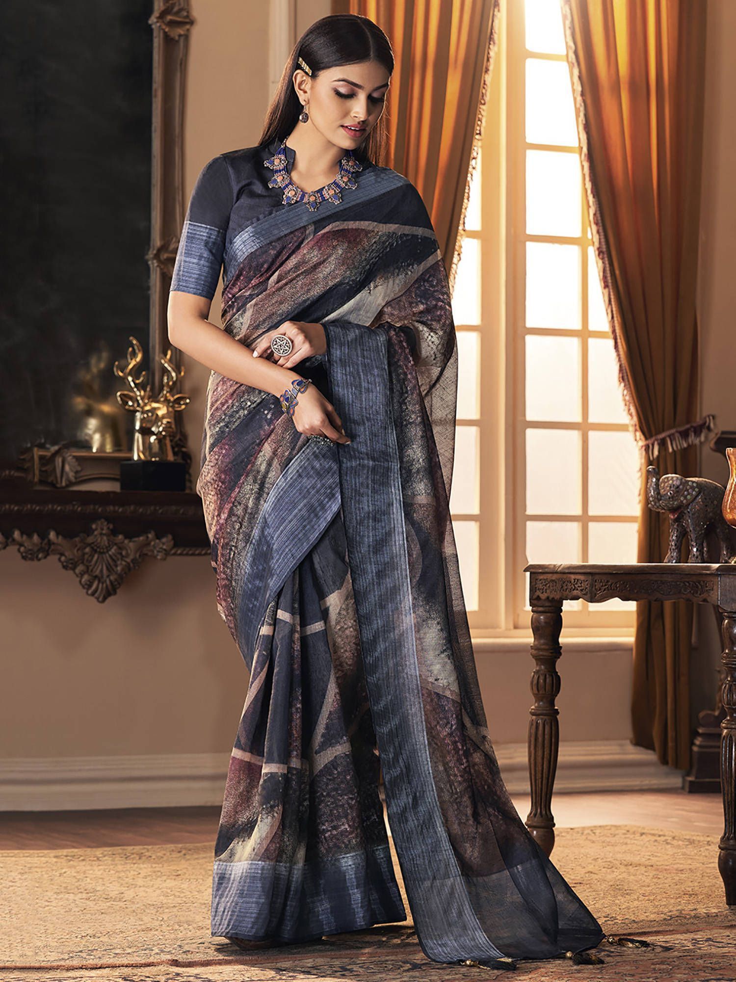 Navy Blue Printed Soft Silk Festive Wear Saree With Blouse